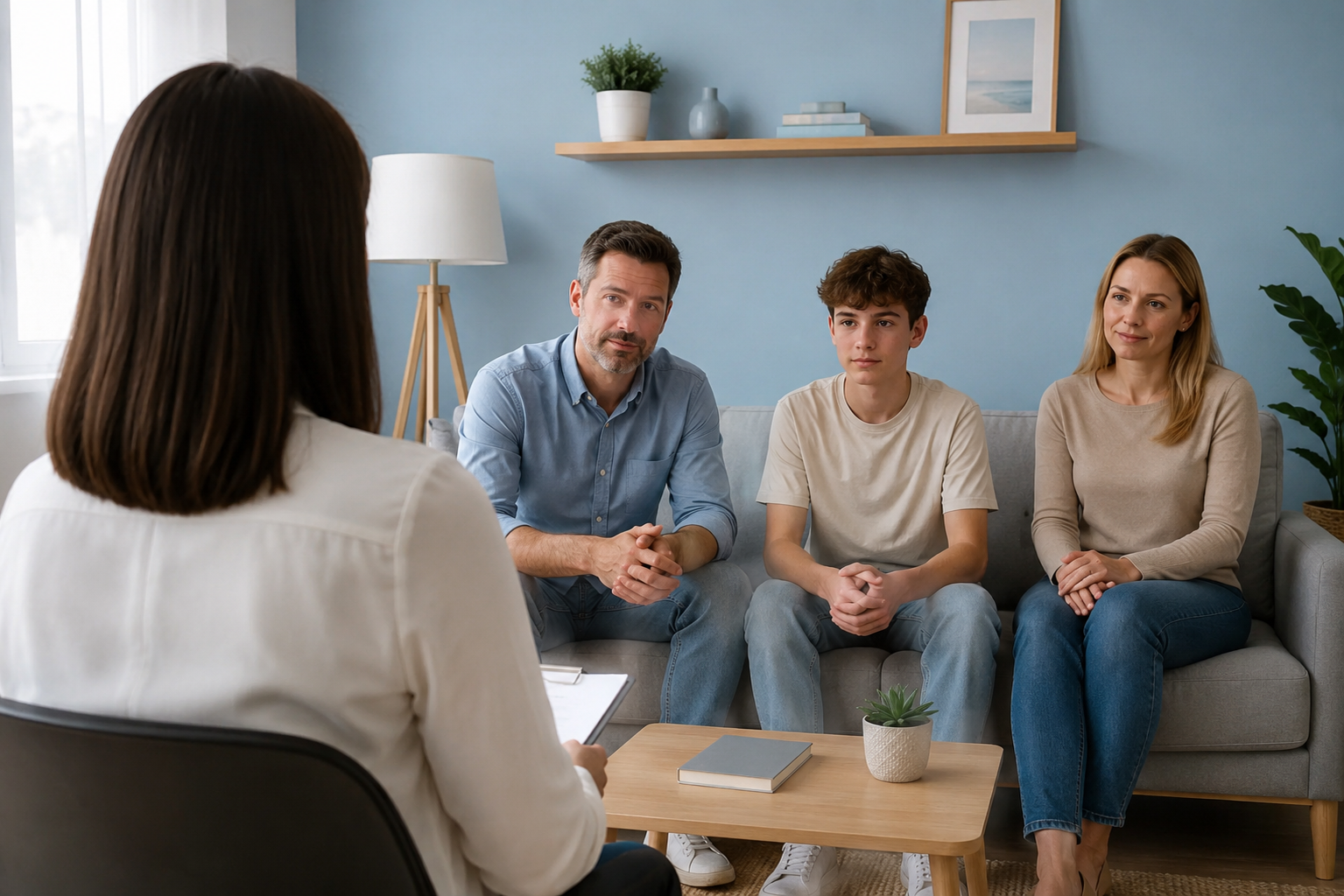 Terapia familiar con padres y un hijo adolescente para mejorar la comunicación consciente, la educación basada en principios y la gestión de conflictos familiares.
