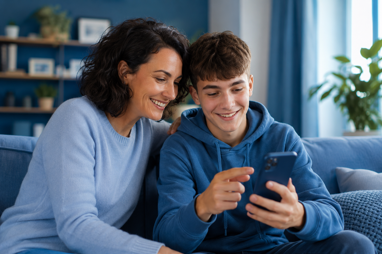 Madre y adolescente sonrientes miran un teléfono en el sofá, en una sala luminosa con plantas.